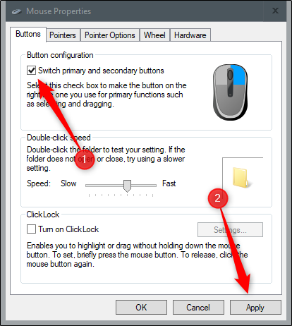 Параметр «Поменять основные и вспомогательные кнопки» в свойствах мыши