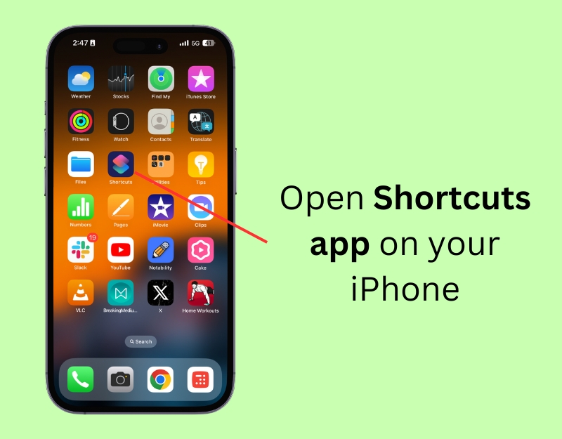 Открытие приложения Ярлыки на iPhone