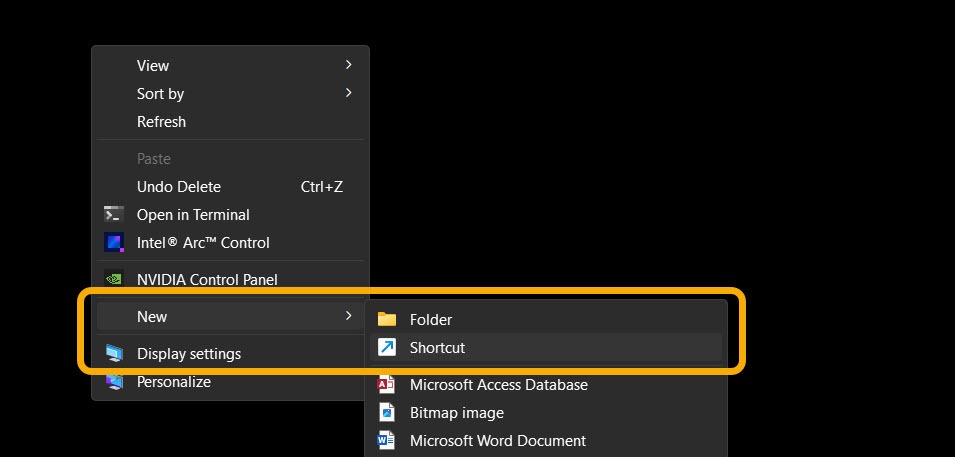 Создание нового ярлыка на рабочем столе