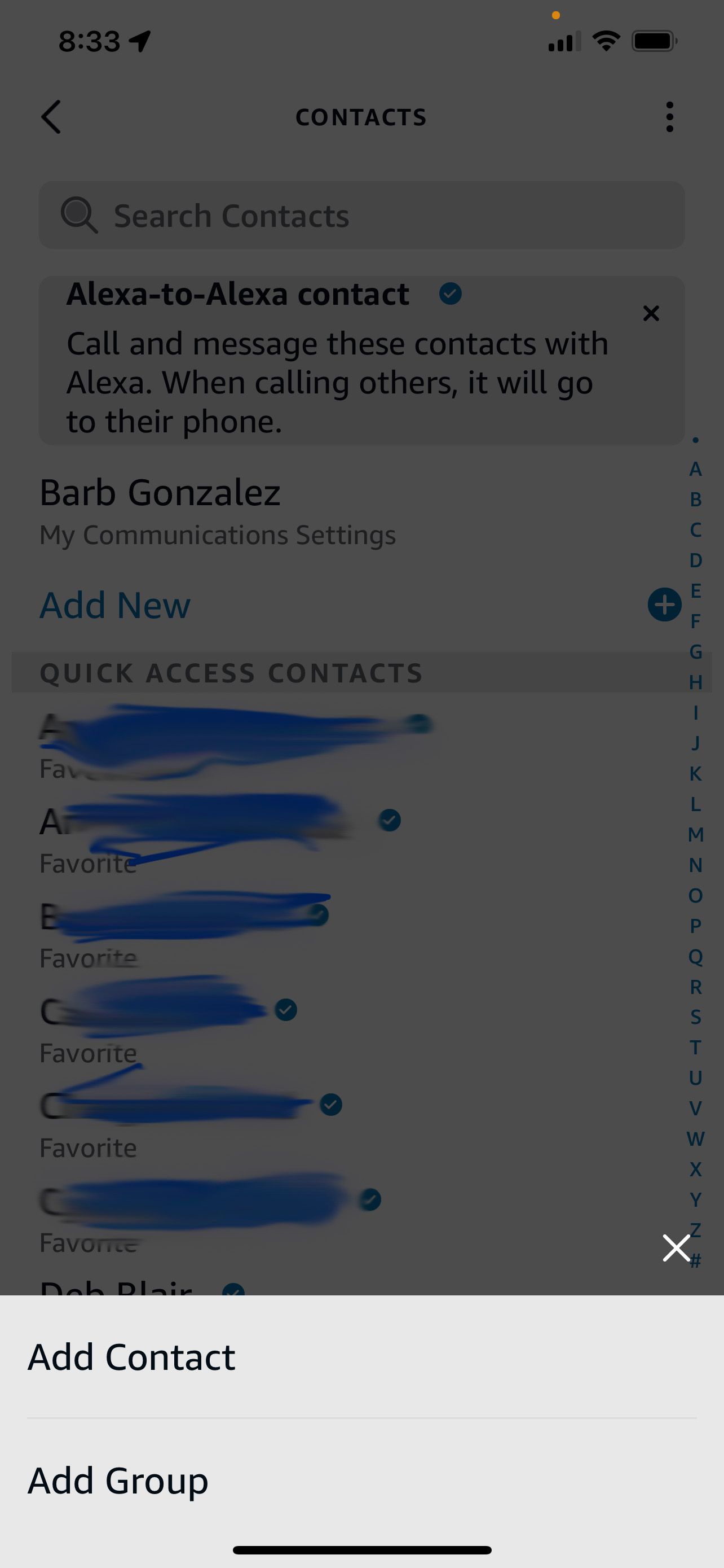 Add contact group screen in the Alexa app