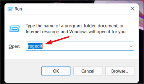 Скриншот окна Run с командой regedit