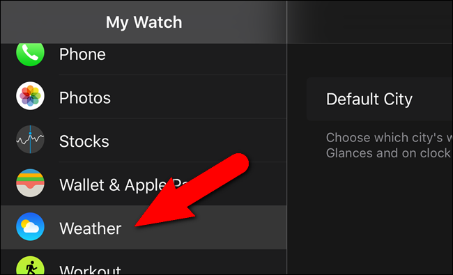 Раздел Погода в настройках приложения Watch