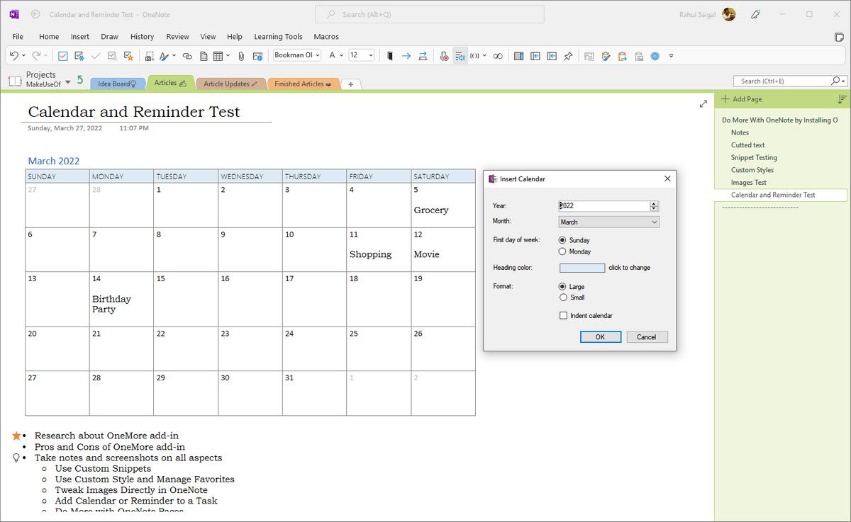 Вставка месячного календаря через OneMore