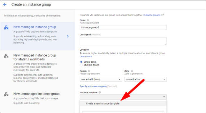 Выбор шаблона при создании управляемой группы экземпляров