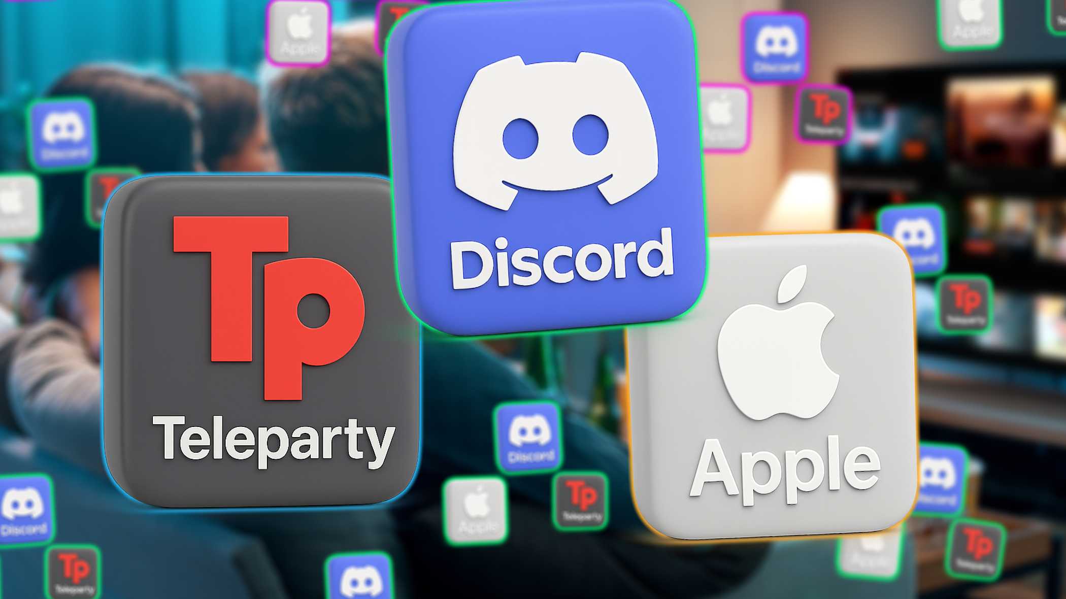 Семья смотрит фильм вместе онлайн — логотипы Teleparty, Discord и Apple на фоне.