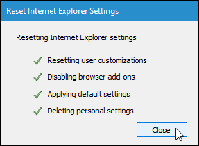 Окно завершённого сброса Internet Explorer