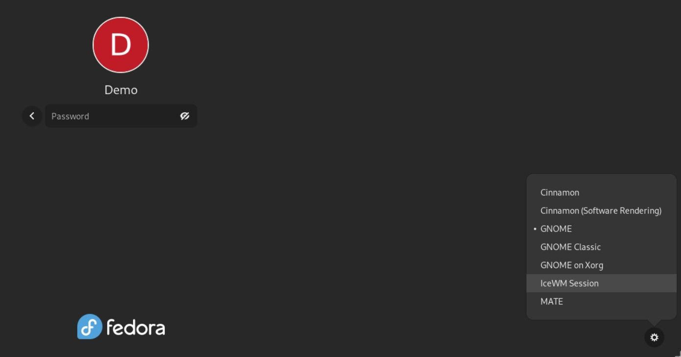 Меню входа Fedora с выбором сессии