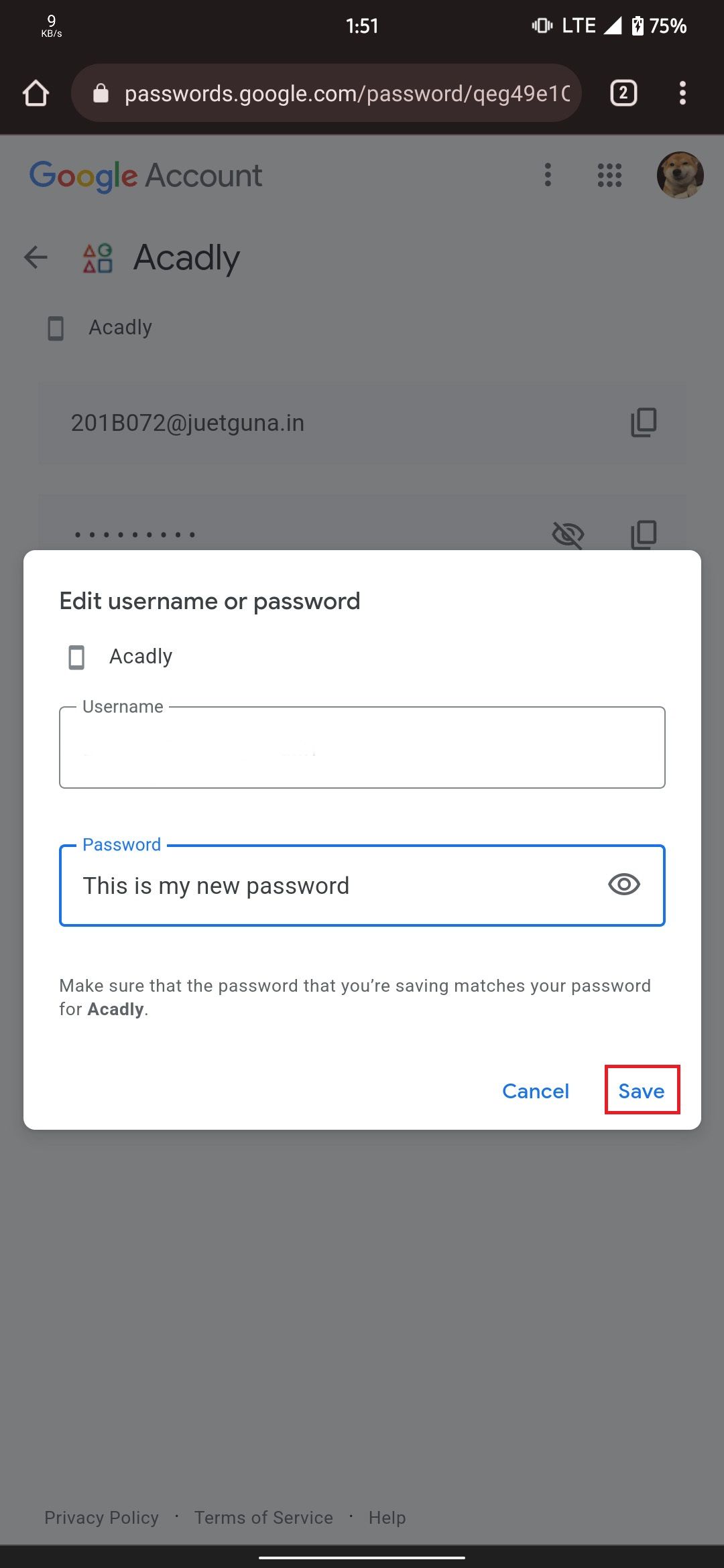 Страница редактирования пароля