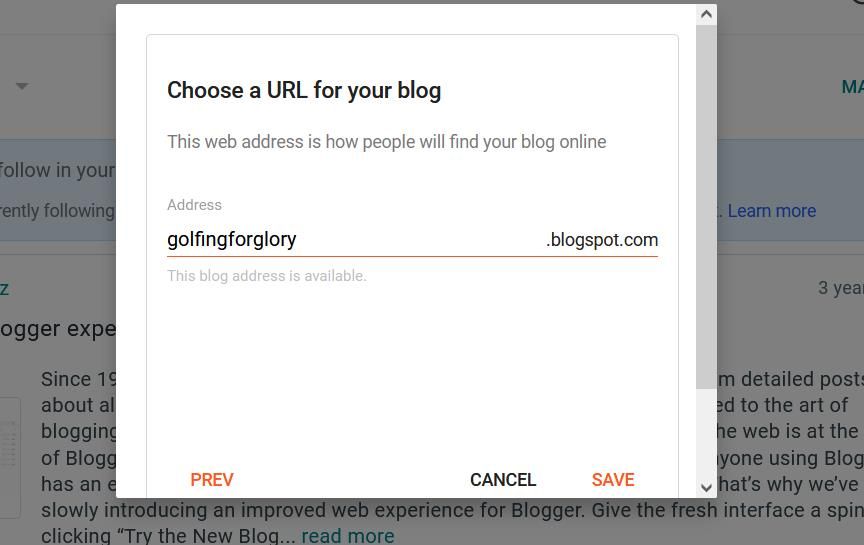 Шаг Выбор URL для блога в Blogger