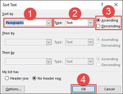 Окно 'Сортировка текста' с параметрами 'Абзацы' и 'Текст'