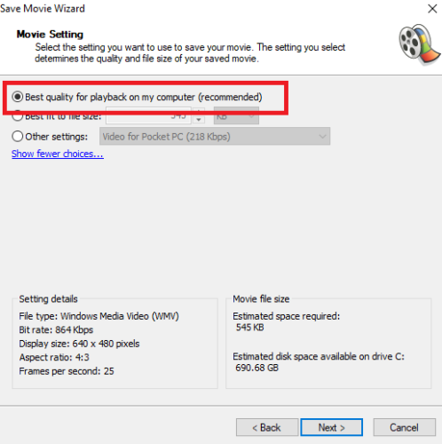 Параметры сохранения в Movie Maker