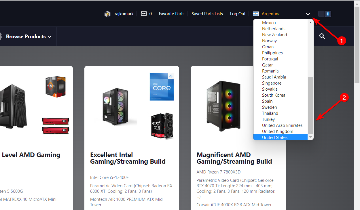 Меню выбора региона и страны в интерфейсе сайта