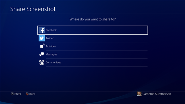 Экран Share с опциями публикации: Facebook, Twitter, Activities и т.д.
