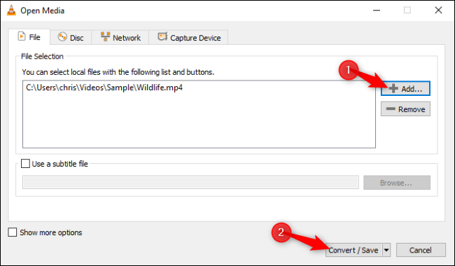 Нажмите «Add», откройте файл, затем нажмите «Convert/Save».