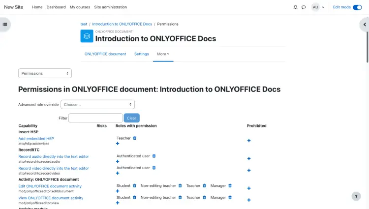 Настроить права активности