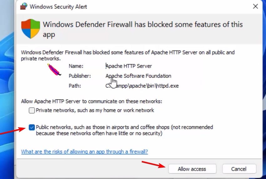 Запрос разрешения доступа XAMPP в Брандмауэре Windows