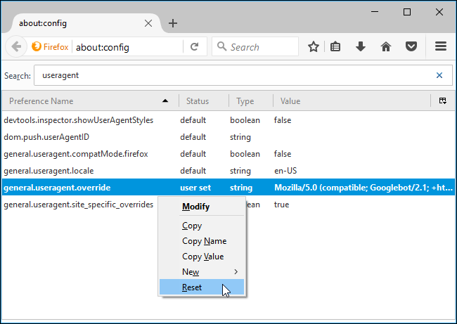 Сброс параметра user agent в about:config