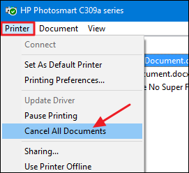 Меню принтера с опцией Cancel all documents