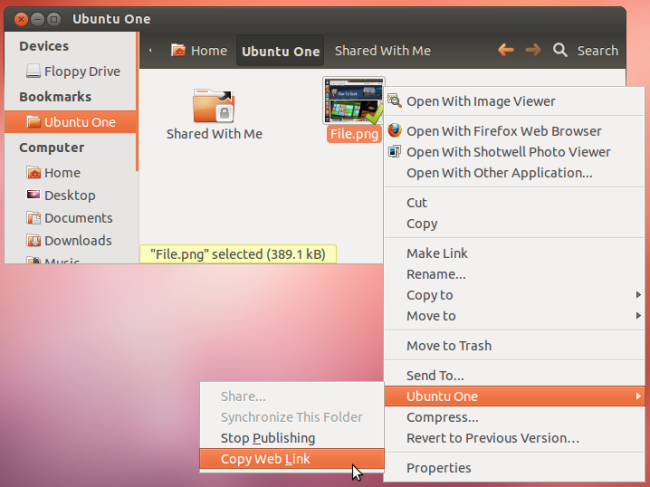Копирование веб-ссылки файла из Ubuntu One