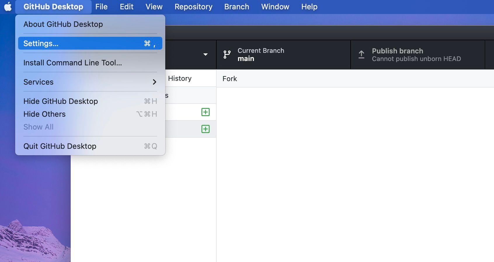 GitHub Desktop Settings in Menu Bar