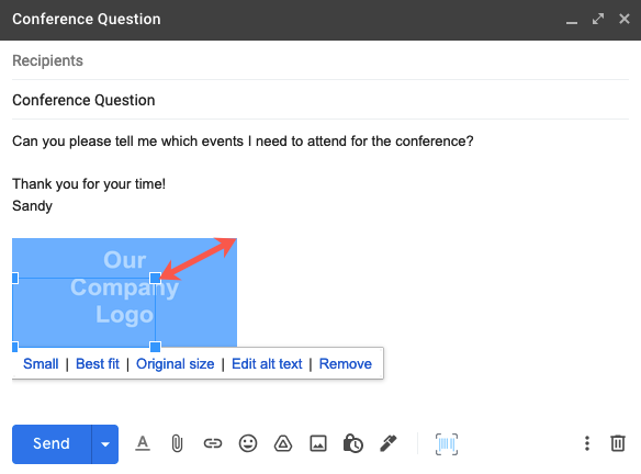 Перетаскивание углов для изменения размера изображения в Gmail