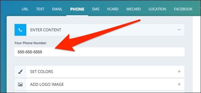 Поле ввода данных на сайте генератора QR‑кодов