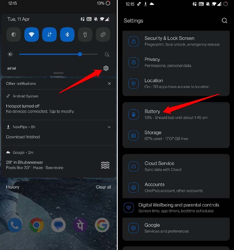 Экран настроек батареи в Android