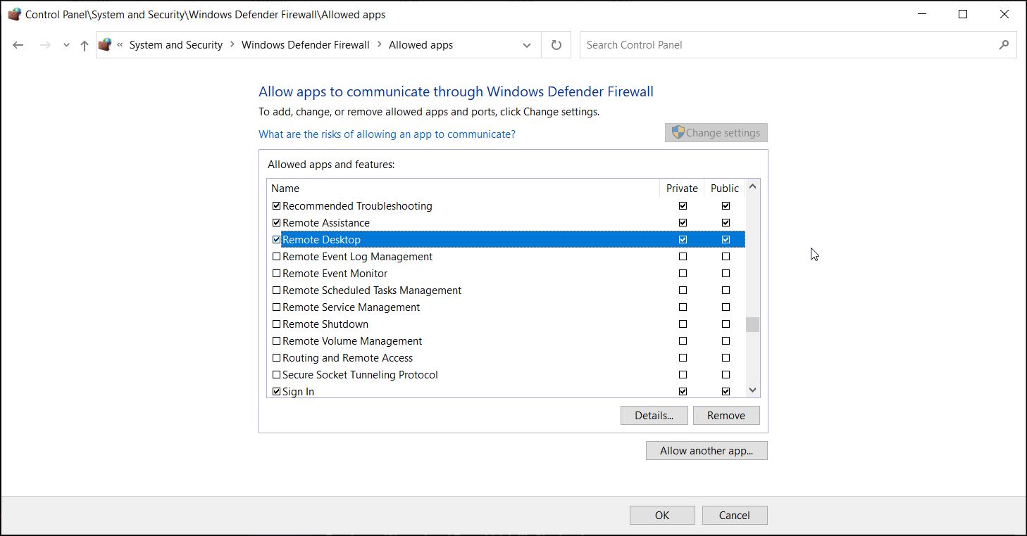 Разрешение приложения Remote Desktop в Брандмауэре Windows Defender