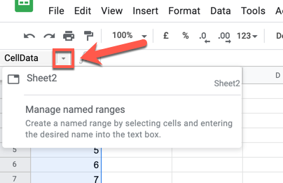 Список именованных диапазонов, открытый из поля имени, показывает имена и ячейки