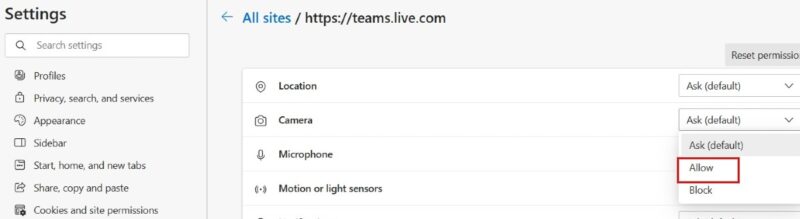 Установка разрешения для камеры