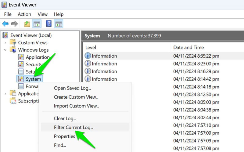 Опция фильтра «Система» в Просмотре событий