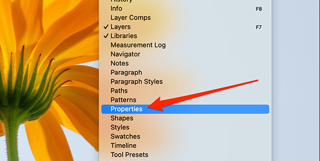Выберите Window > Properties в Photoshop