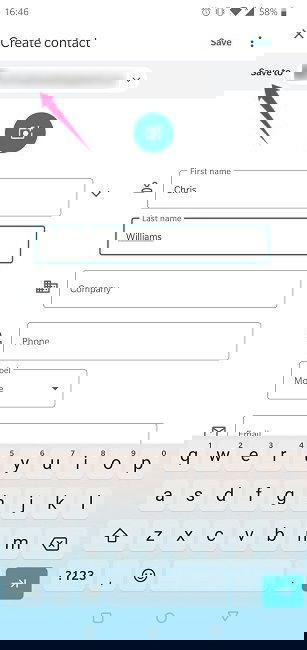 Выбор аккаунта для сохранения контакта