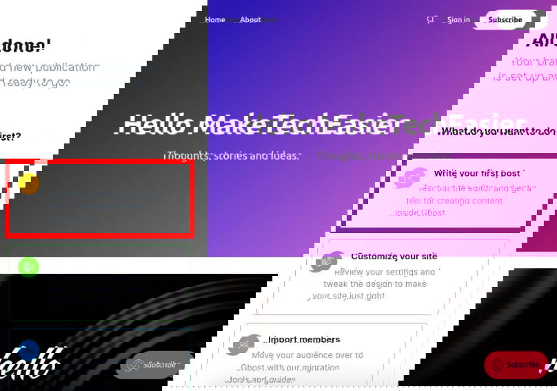 Начальная страница редактора Ghost.