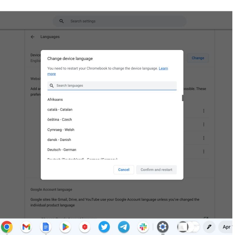Список доступных языков для выбора на Chromebook
