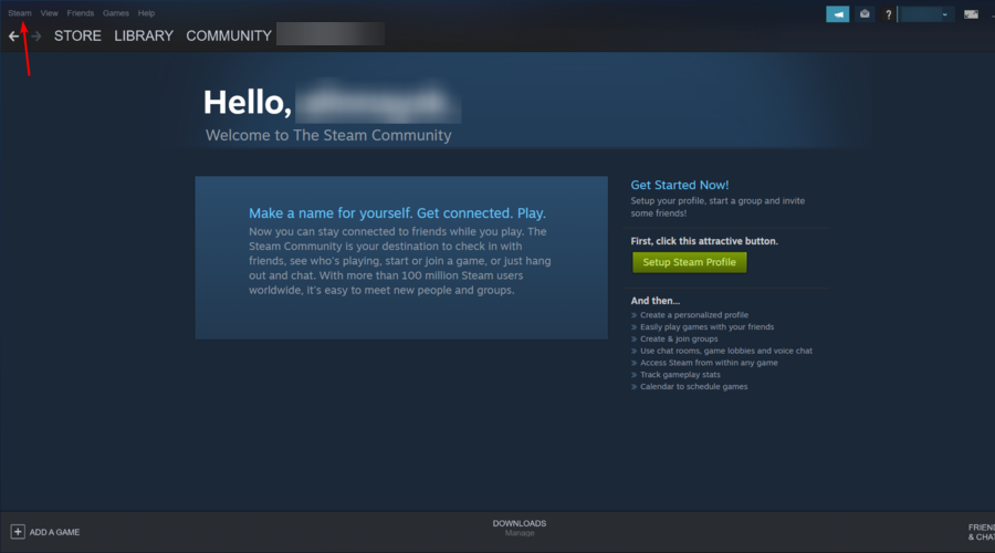 Меню Steam в левом верхнем углу