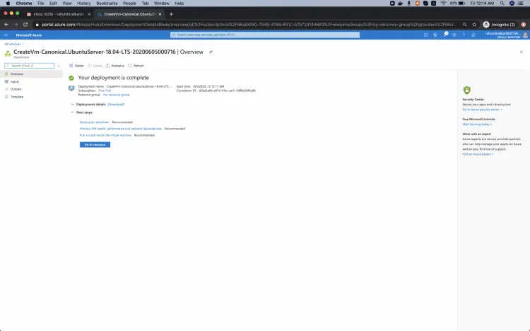 Панель ресурсов группы с перечислением ресурсов, созданных при разворачивании VM
