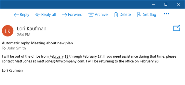 Пример входящего сообщения и автоответа в Mail