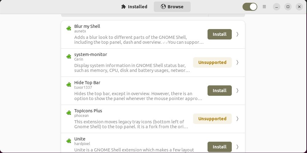 Установка расширения Hide Top Bar в Ubuntu