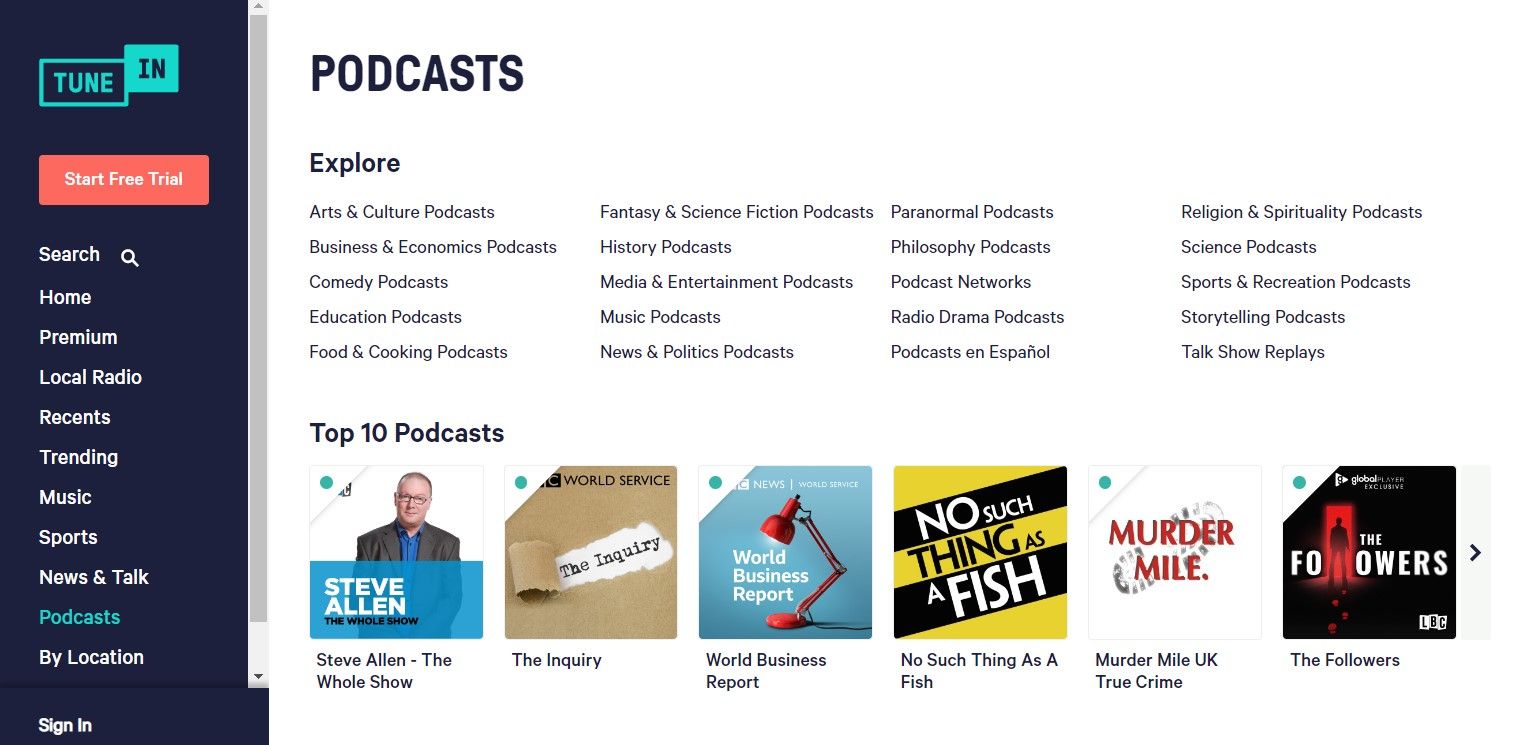 Страница подкастов TuneIn