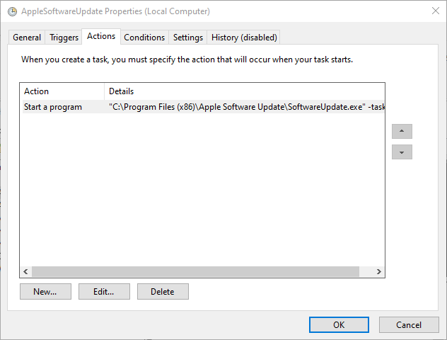 Вкладка «Actions» в свойствах задания Планировщика