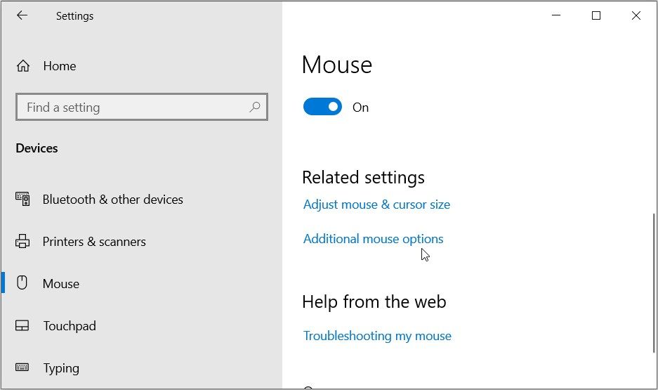 Выбор дополнительных параметров мыши в окне настроек