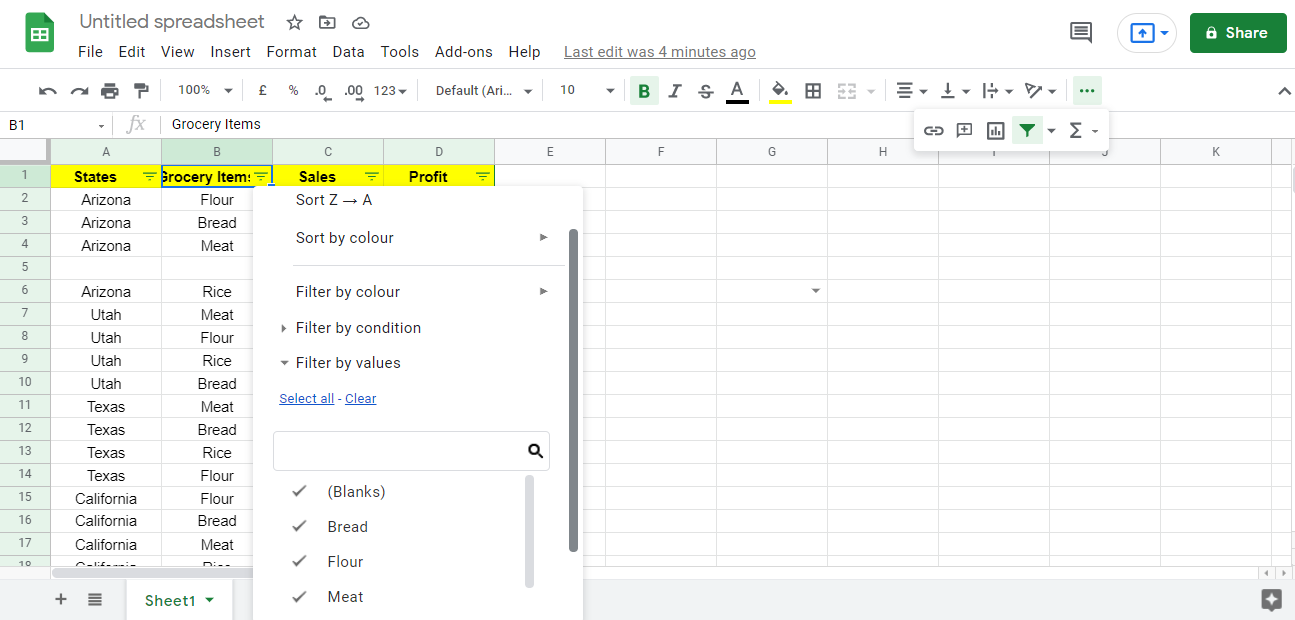 Нажатие на стрелку выпадающего фильтра рядом с заголовком