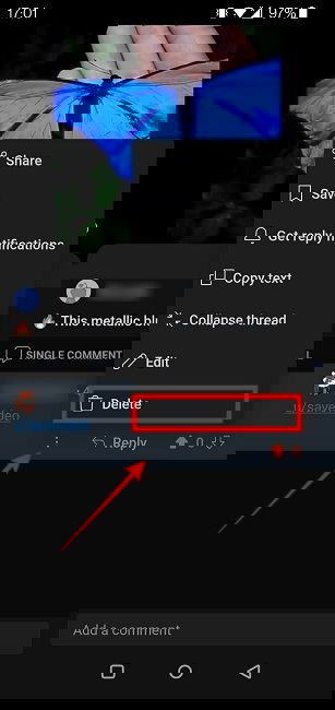 Удаление комментария в мобильном приложении