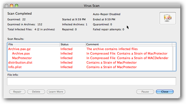 Symantec Endpoint에서 OS X 악성코드 탐지 화면 스크린샷