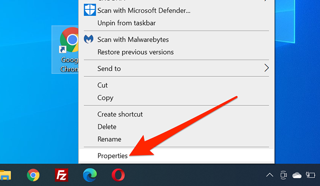 Контекстное меню значка на рабочем столе с пунктом Свойства