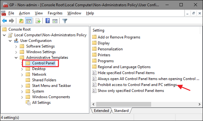 Скриншот: выбор шаблона политики запрета доступа к Панели управления в редакторе групповых политик
