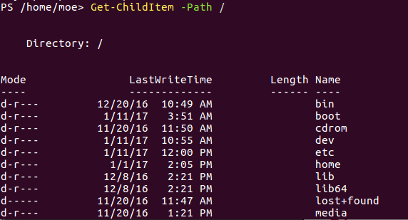 Пример вывода PowerShell на Linux с файловой структурой