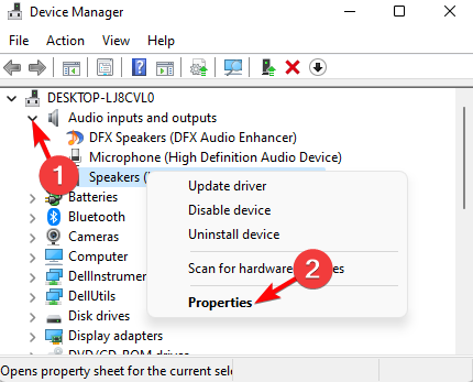 Открытие свойств аудиоустройства для отката драйвера