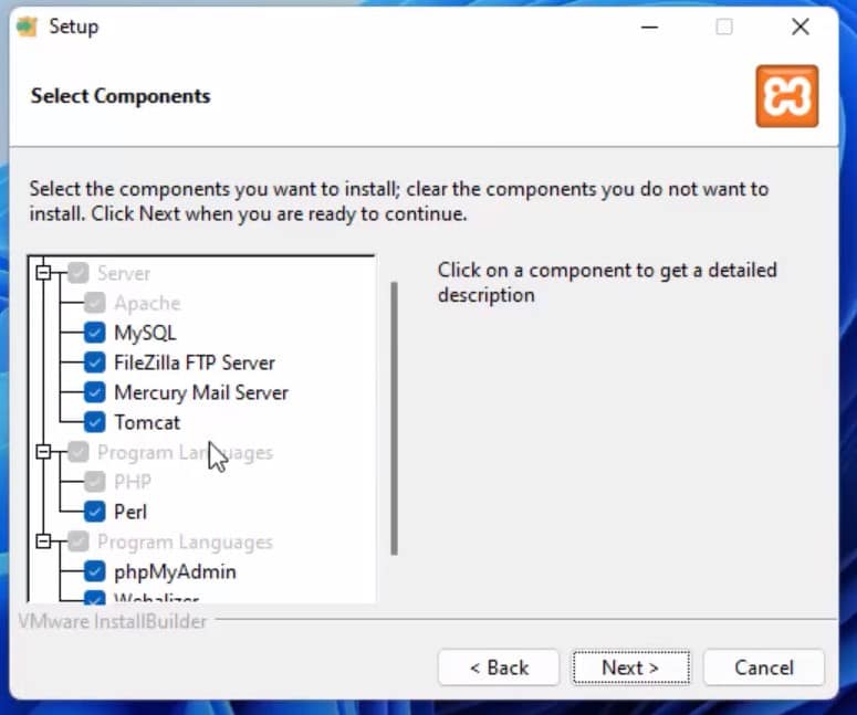 Окно установки XAMPP в Windows